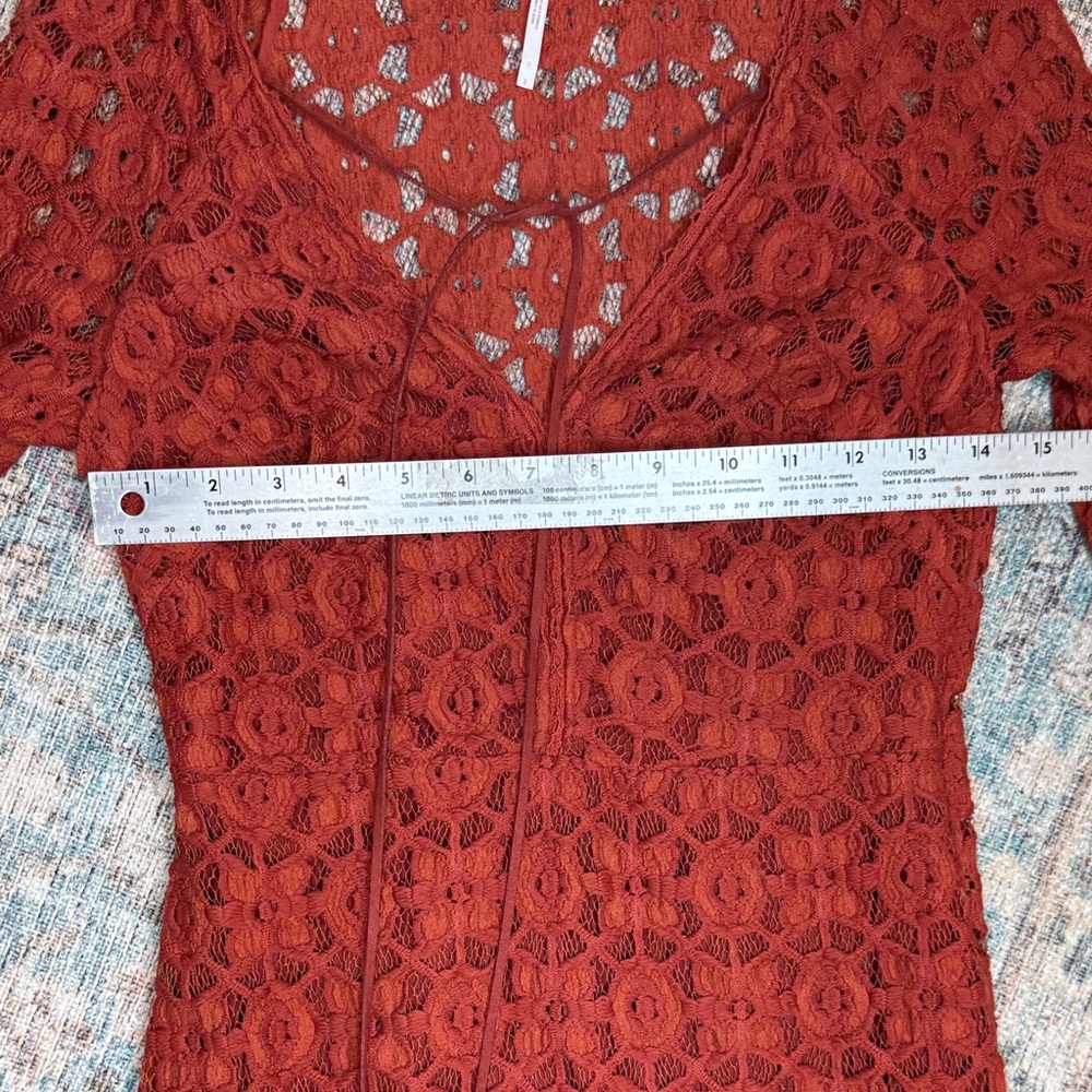 Free People Terracotta Lace Crotched Mini Dress Bell Sleeves Slim Fit -2 - Picture 11 of 14